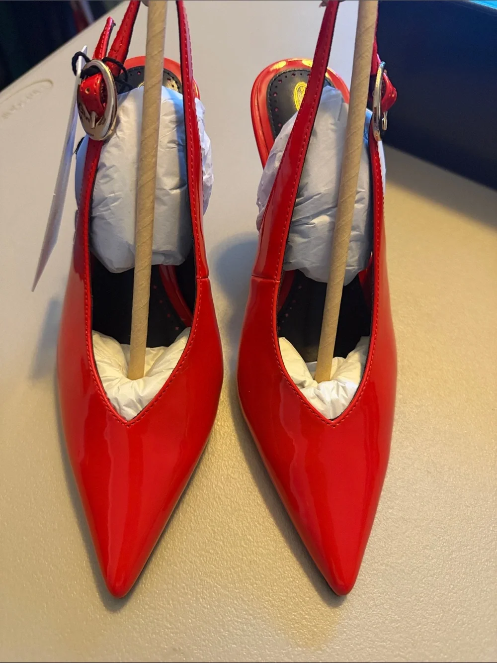Red Patent Pointed-Toe Slingback Heels